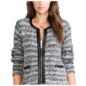 Joie Jacolyn Leather Trim Knit Cardigan Jacket Womens Medium Black Career Luxury